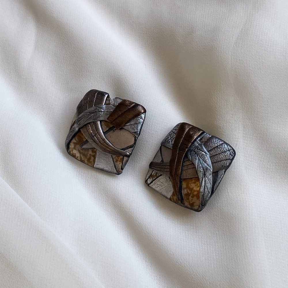 VTG Handmade Leather Silver Bronze Square Earrings